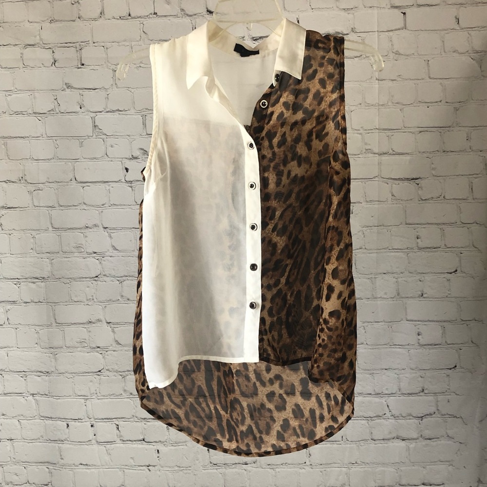 Women's E M sheer white and animal print sheer sleeveless button down blouse.
